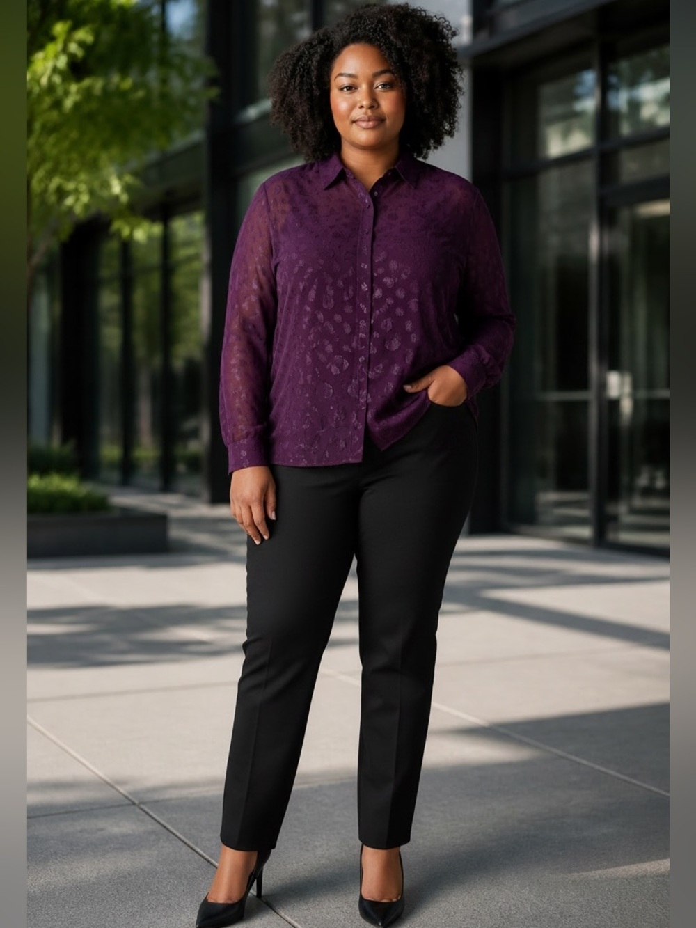 Lane Bryant Long Sleeve Sheer with Polka Dots Blouse in Plum  (14/16)